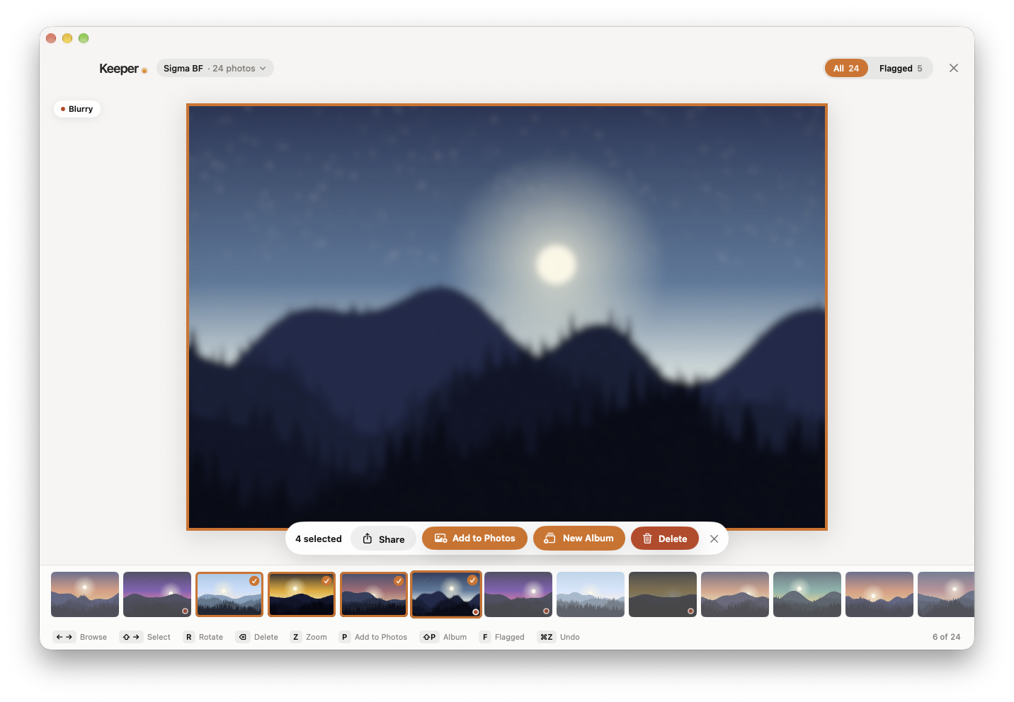 Keeper showing a blurry landscape flagged Blurry, four shots selected, and Share, Add to Photos, New Album, and Delete buttons.